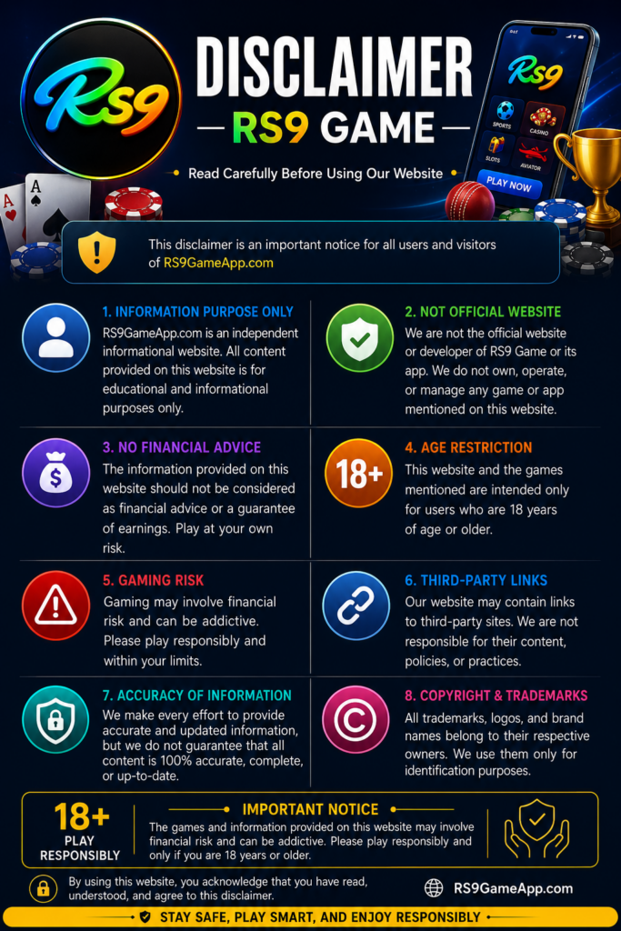 RS9 Game Disclaimer page featuring the RS9 logo, responsible gaming icons, 18+ warning, financial risk notice, and informational disclaimer on a dark gaming-themed background.