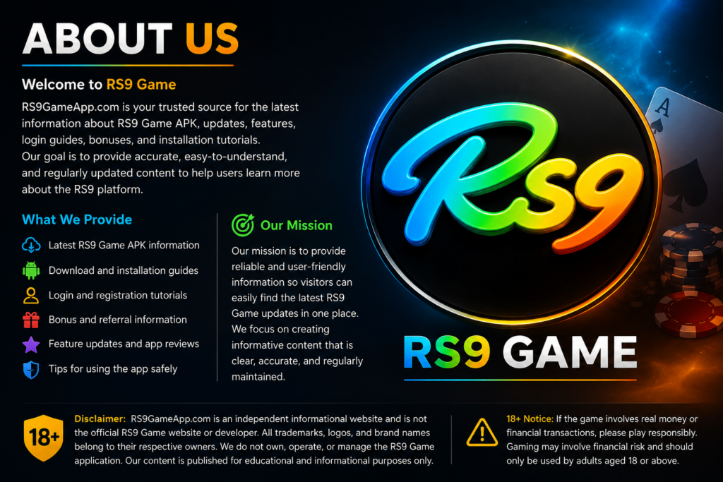 RS9 Game About Us banner featuring the colorful RS9 logo, gaming-themed background, APK guides, mission statement, and responsible gaming disclaimer.